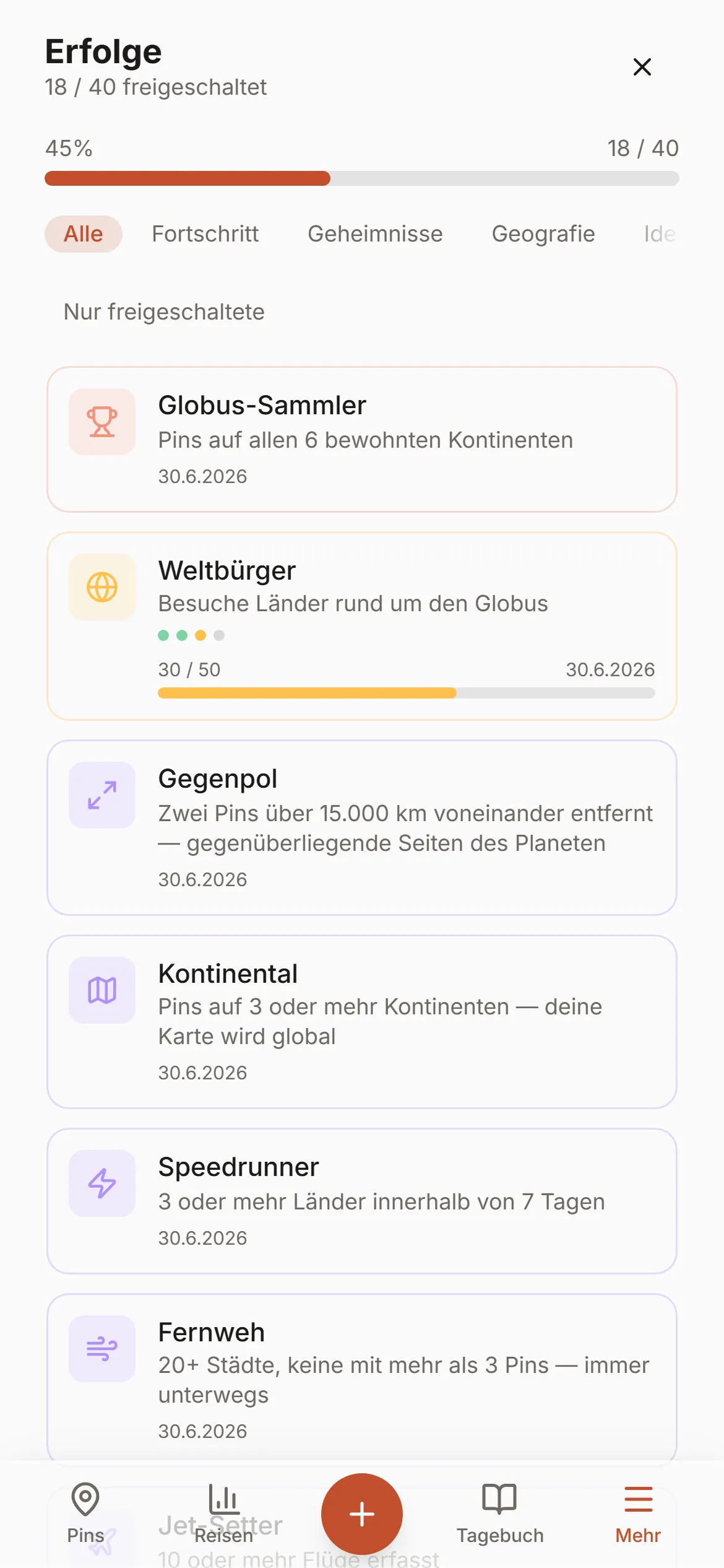 Wandrias Erfolge-Panel, ein Raster freigeschalteter Reise-Abzeichen, leuchtend nach Seltenheit von Gewöhnlich bis Legendär.