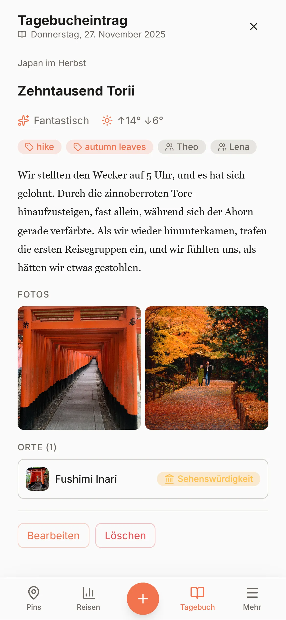 Ein Wandria-Tagebucheintrag an seinem Ort auf der Karte, mit Fotos und Serifenschrift.