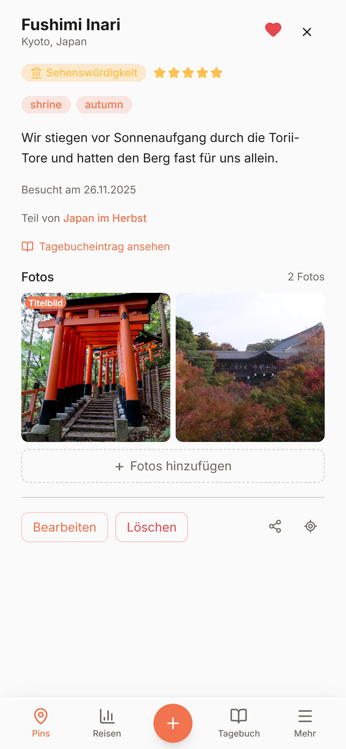 Ein Pin wird bei Fushimi Inari in Wandria gesetzt, mit geöffneter Fotogalerie und verknüpftem Tagebucheintrag.