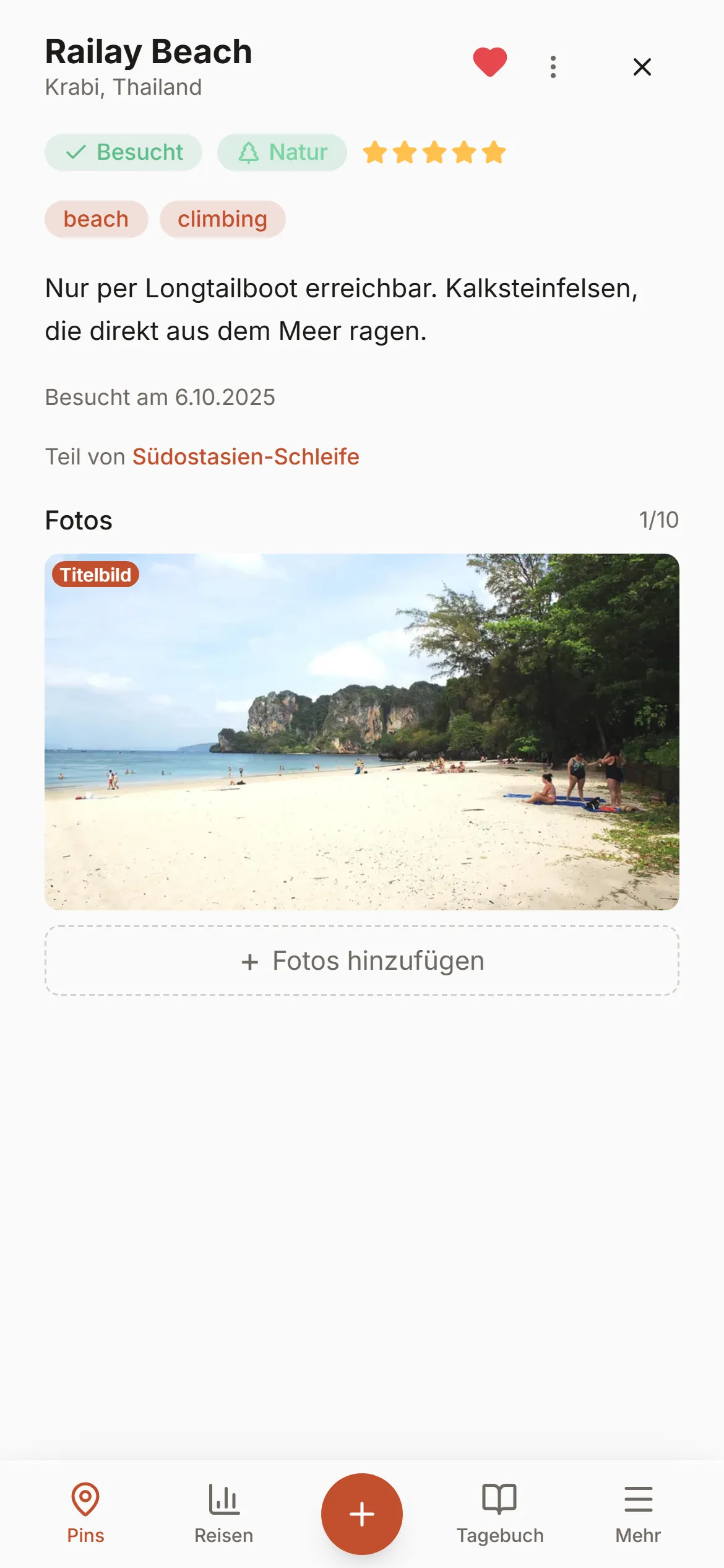 Den Railay-Beach-Pin in Wandria hinzufügen — Longtailboote unter Kalksteinfelsen, mit Fotos und 5-Sterne-Bewertung.