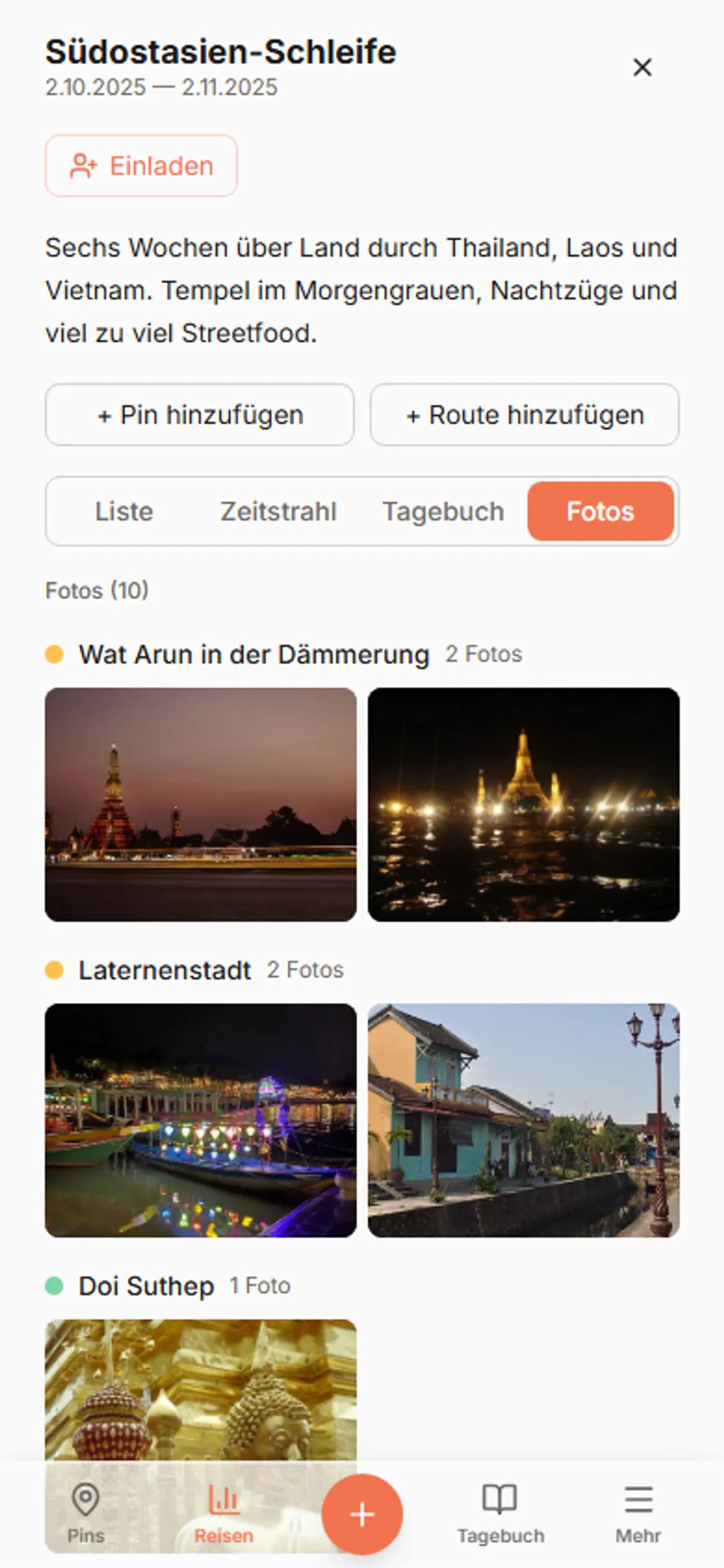 Die Fotogalerie einer Reise in Wandria, ein Raster lebendiger Reisefotos, verknüpft mit der Karte.