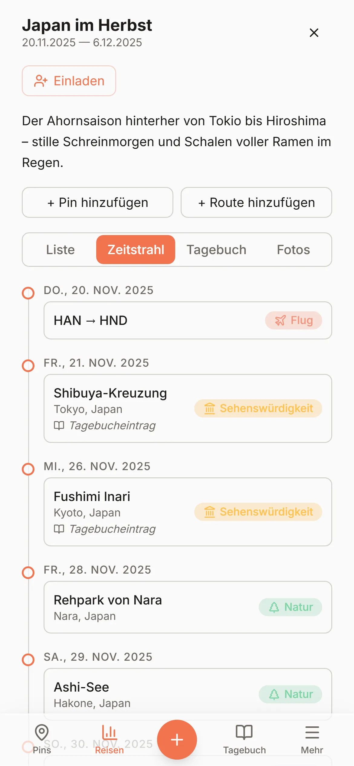 Eine lange Reise auf Wandrias Timeline, Pins und Routen in der Reihenfolge, in der sie passiert sind.