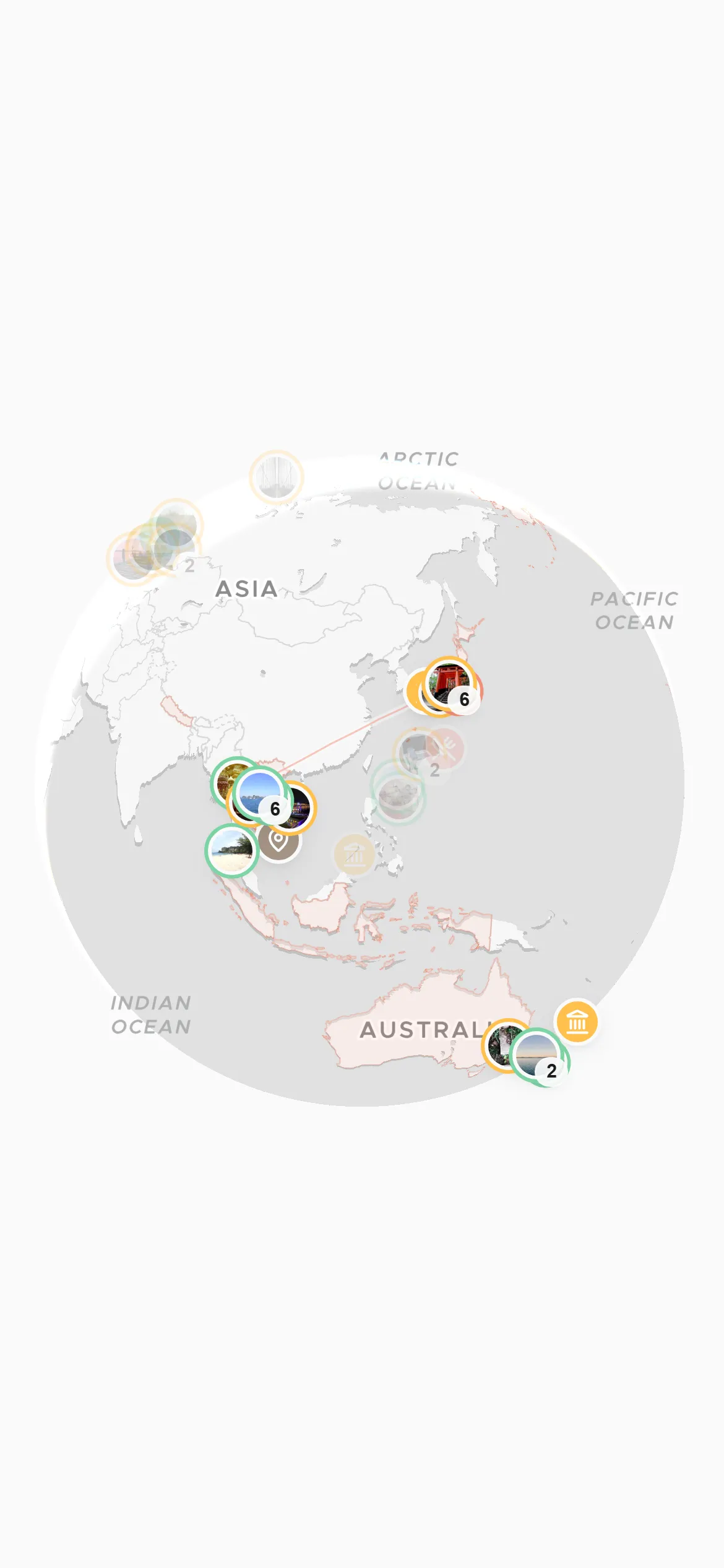 Wandria's 3D globe view showing visited countries and routes arcing across the world.