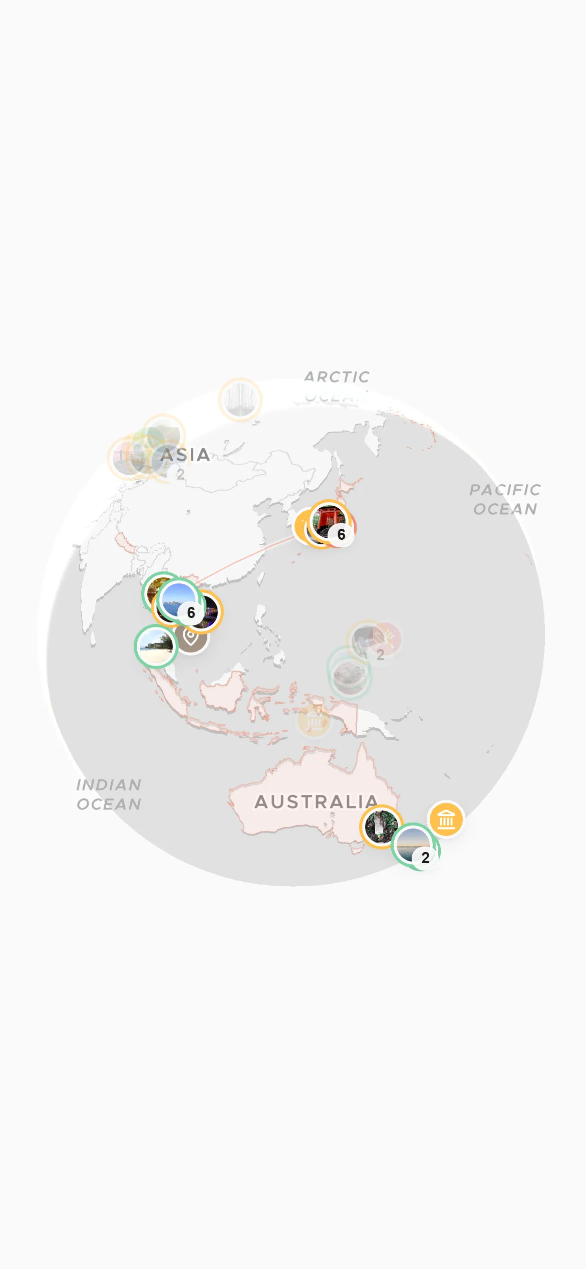 Le globe interactif de Wandria avec les épingles d'un voyageur et des routes de vol animées qui s'étendent à travers le monde.
