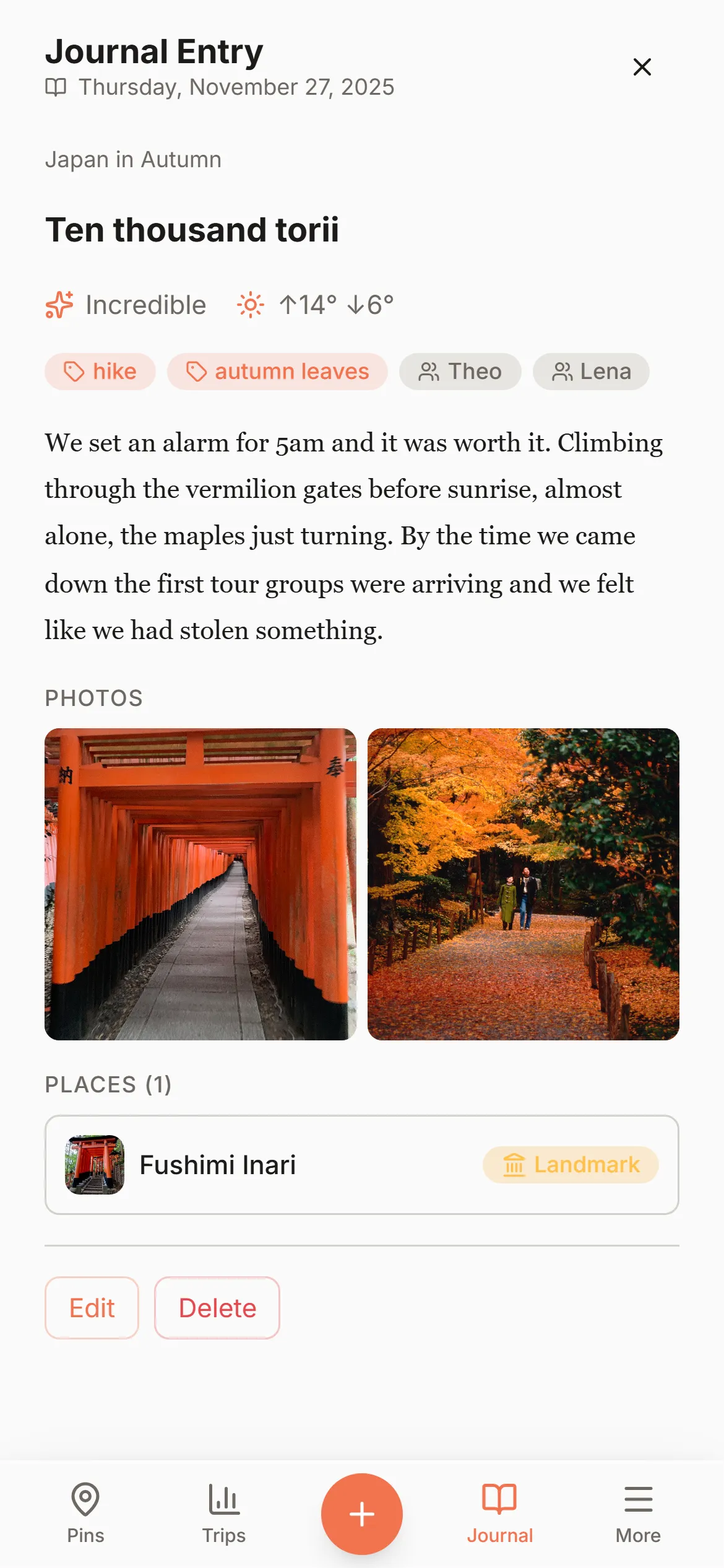 A Wandria journal entry open on its map pin, with serif writing and two photos from Kyoto.