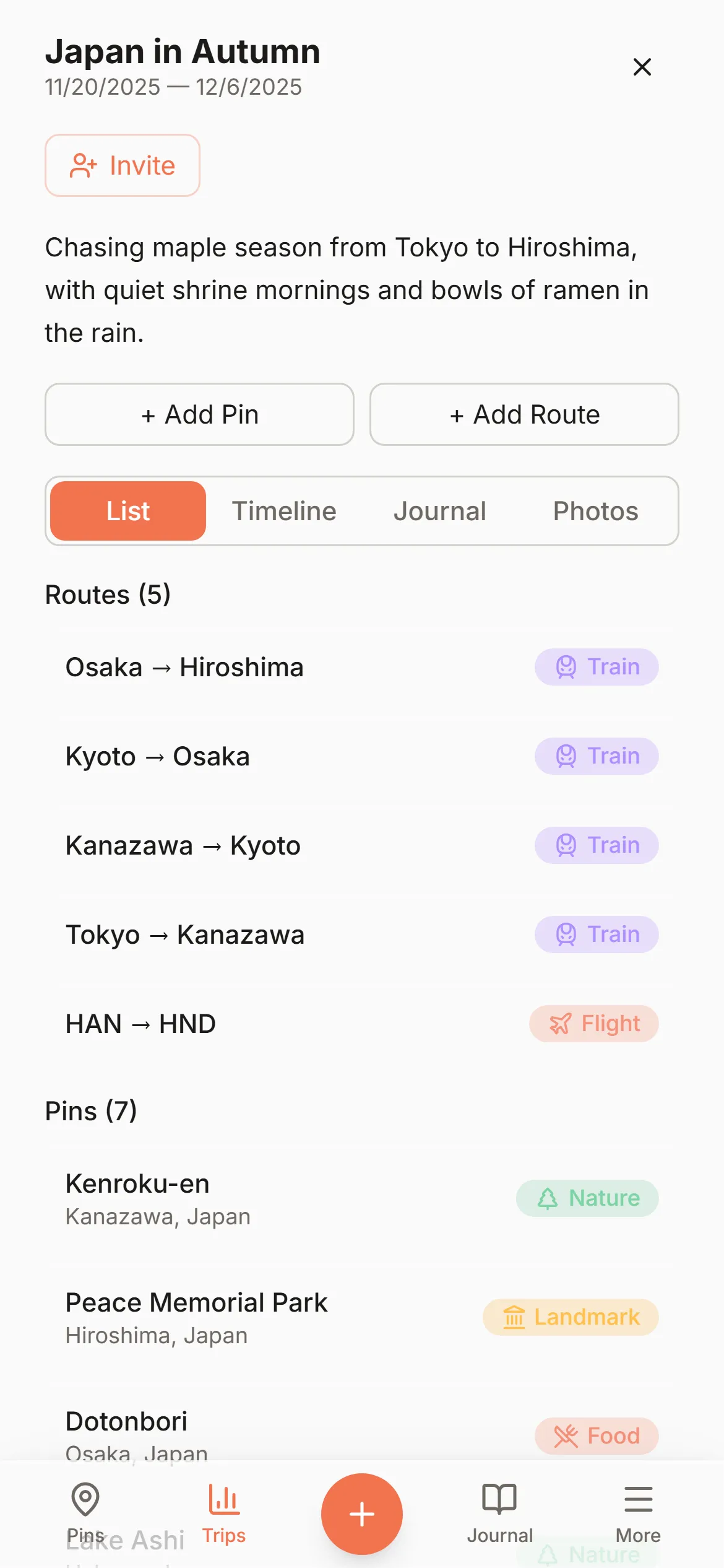 Japan by rail in Wandria — shinkansen routes threading Tokyo, Kanazawa, Kyoto, Osaka and Hiroshima.