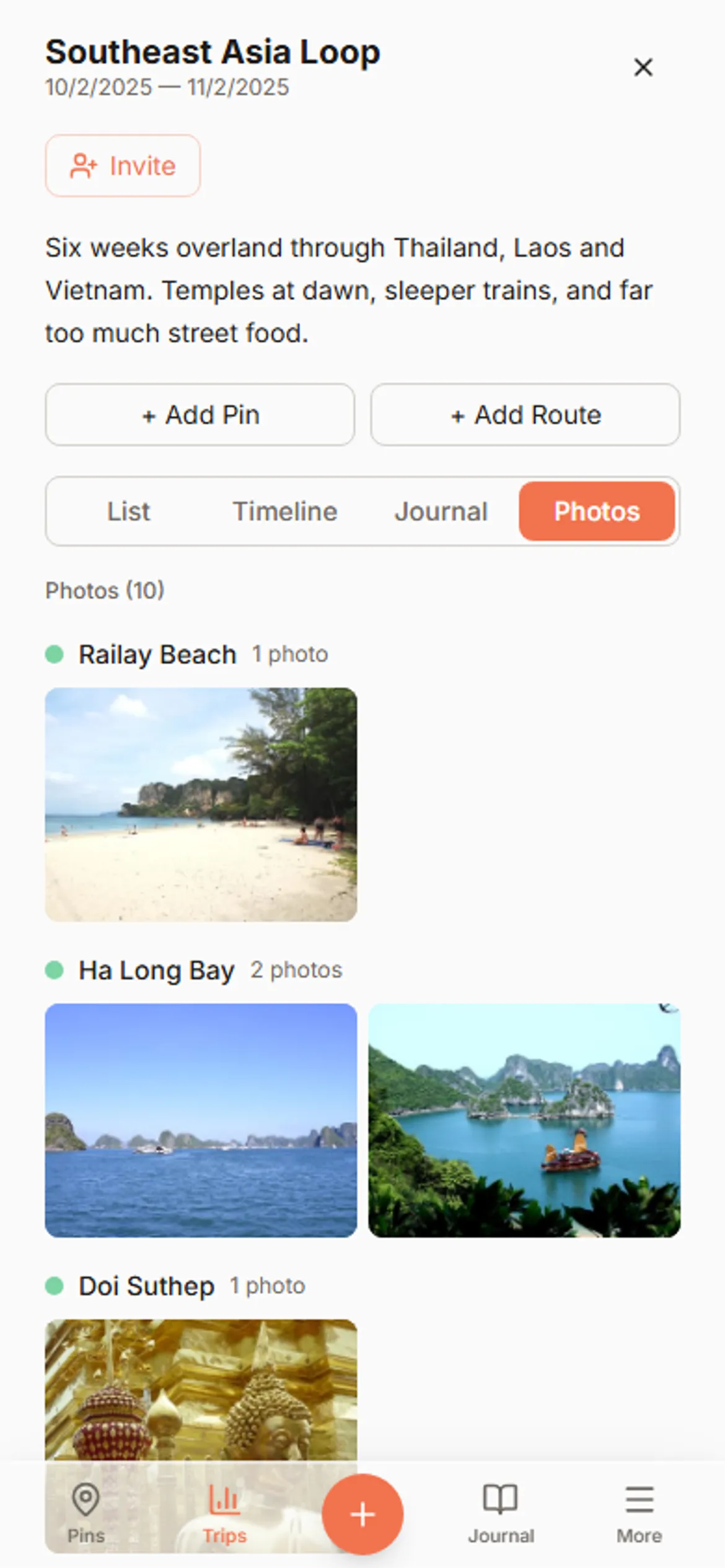 A trip's photo gallery in Wandria, a grid of vivid travel photos tied to the map.