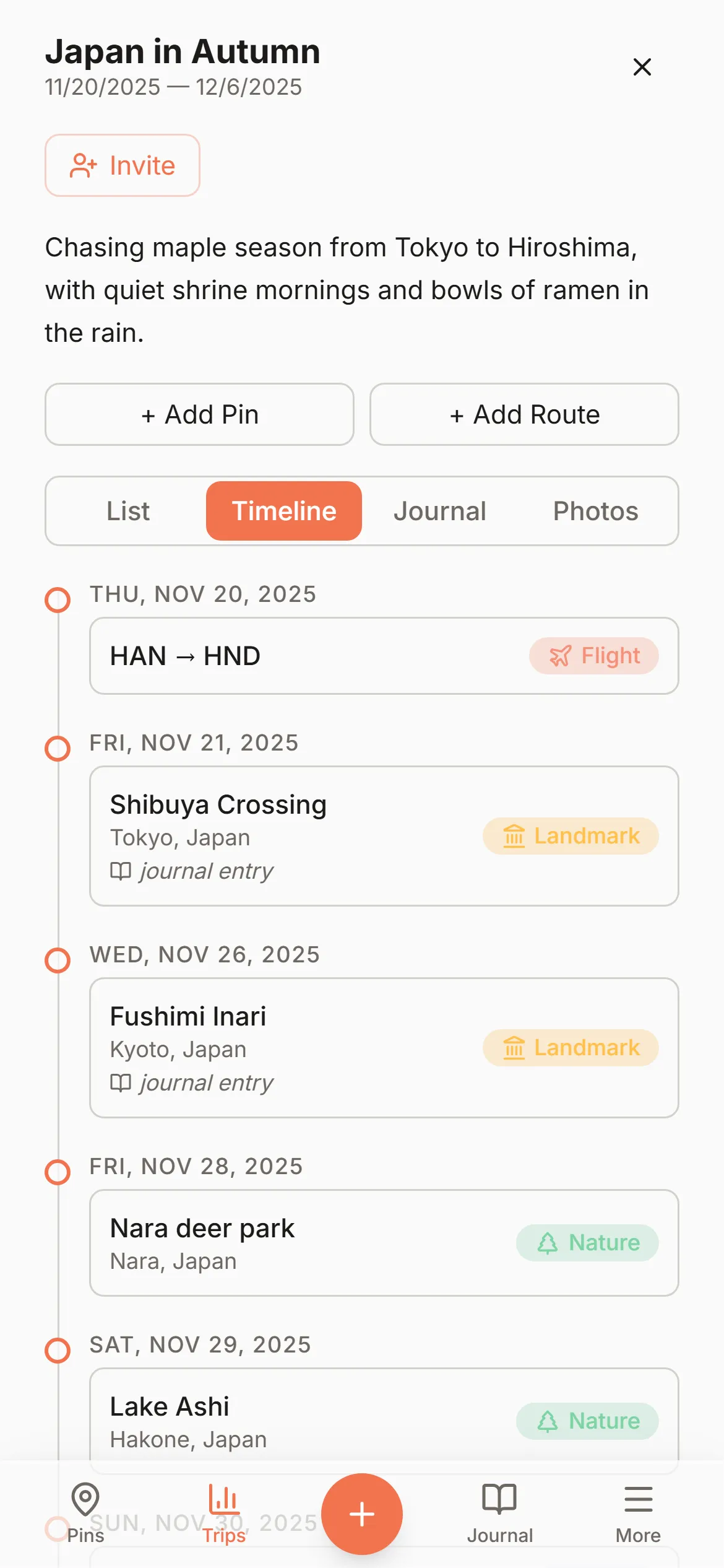 A long trip laid out on Wandria's timeline, pins and routes in the order they happened.